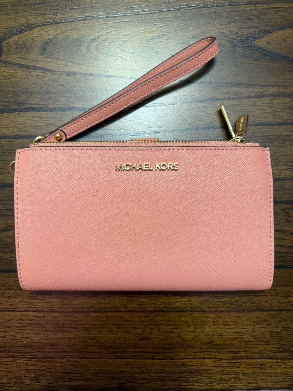 Michael Kors Coral Pink Wristlet Clutch with Gold Hardware
